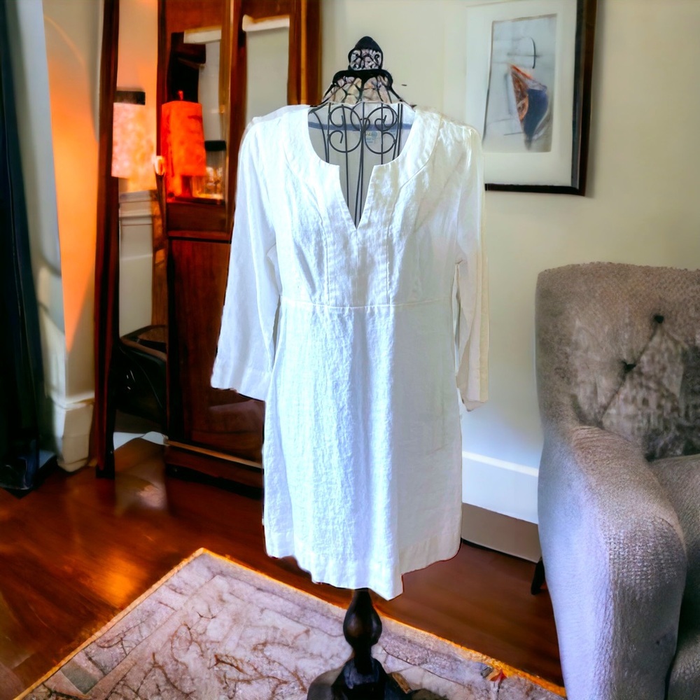 Boden White V-Neck Long Sleeve Linen Dress